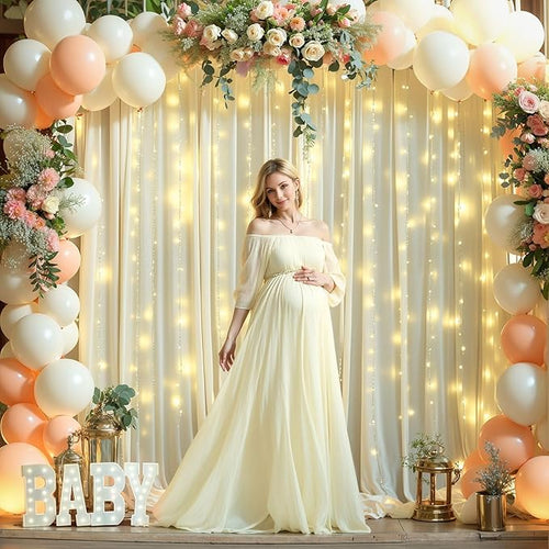 10 x 10ft Beige Backdrop Curtains with Lights String for Wedding Photo Background Drapes Wrinkle Free Polyester Curtain Backdrop for Baby Shower Birthday Parties Reception Ceremony - 5 x 10ft 2 Panels
