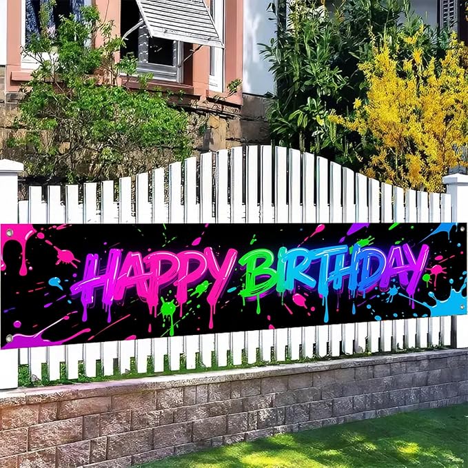 Happy Birthday Banner Colorful Graffiti Backdrop Banner 118 x 20 inchs Birthday Party Decorations Supplies for Boys and Girls Baby Shower Indoor Outdoor Party Decorations