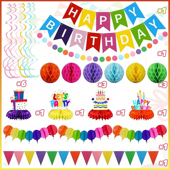 Birthday Decorations Kit, Happy Birthday Banner with Table Centerpieces, Colorful Paper Flag Garland, Hanging Swirl Streamers & Honeycomb Balls for All Birthday Party Decorations