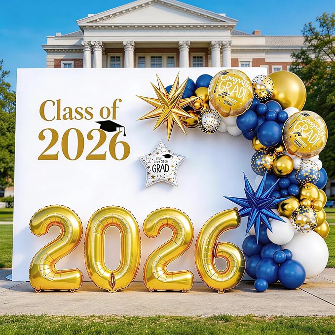 Graduation Balloons Garland Arch Kit, Graduation Balloons Class of 2026, Navy Blue and Gold White Latex Balloon with Foil Balloon for Class of 2026 Party Decor