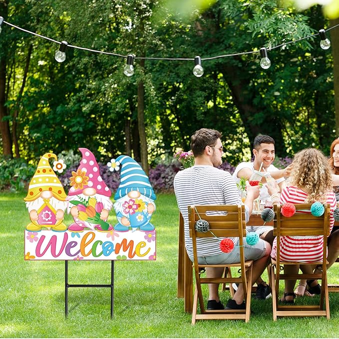 JarThenaAMCS Spring Metal Garden Stakes Colorful Flower Gnome Decorative Lawn Sign Welcome Yard Sign for Home Outside Lawn Porch Walkway Decor