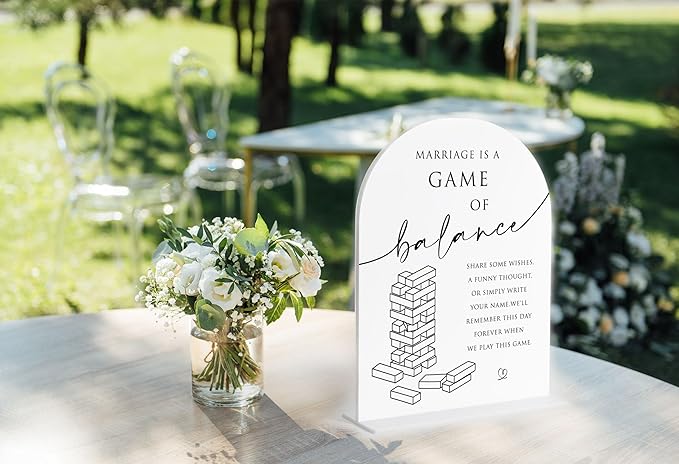 Jenga Guestbook Wedding Sign, White Arch Acrylic Sign, Guest Book Wedding Reception, Bridal Shower Decor, Engagement Party Decor, Centerpiece Table Decorations Party for Bride and Groom-8