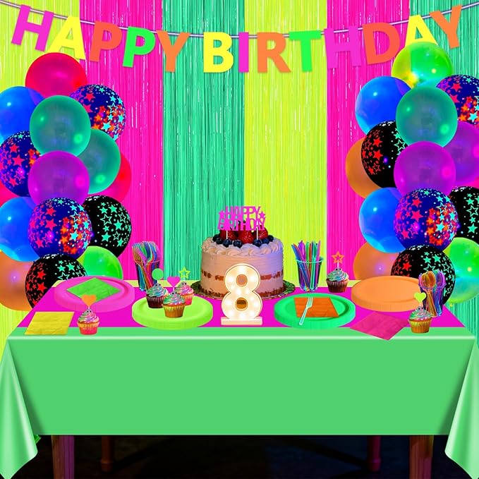 223 PCS Glow in the Dark Party Supplies, Including Colorful Plates Napkins Tablecloth Happy Birthday Banner and Dinnerware with UV Black Light Reactive for Neon Themed Birthday Party, Serves 20