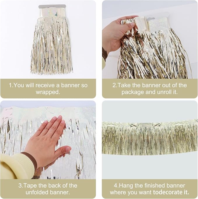 BEISHIDA 3 Packs Metallic Foil Fringe Garland Laser Champagne Wall Hanging Tinsel Fringe Banners for Car Floats Birthday Baby Bridal Shower Wedding Graduation Holiday Party Decoration(30 Feet)