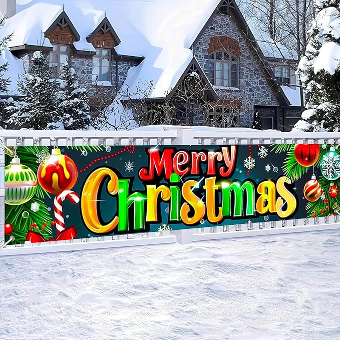 Merry Christmas Fence Banner with Ornaments and Candy Cane Decor 78 x 17 Inch Outdoor Holiday Yard Lawn Decoration Home Front Door Christmas Decoration