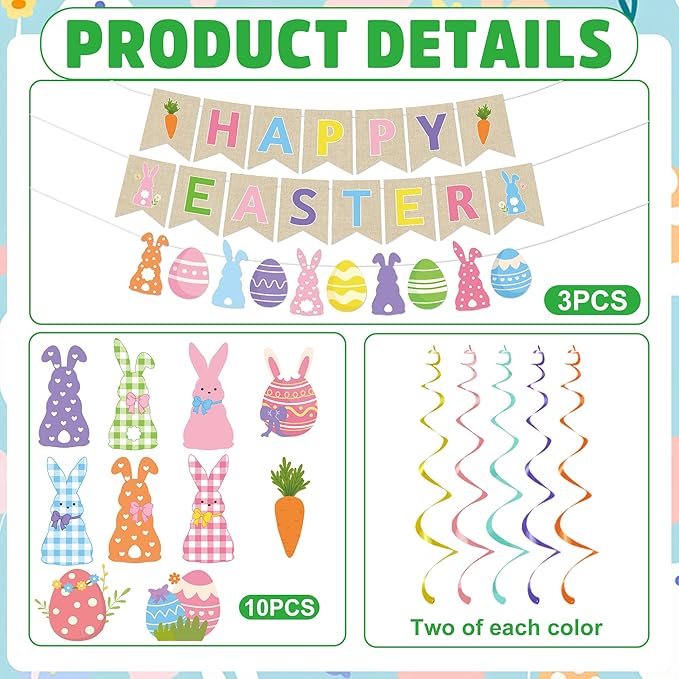 Happy Easter Banner Decorations - 13 Pcs Colorful Pre-strung Bunny Egg Banners Garland Hanging Swirls Set Spring Party Supplies Favors for Home Office Inside Fireplace Wall Ceiling Decor