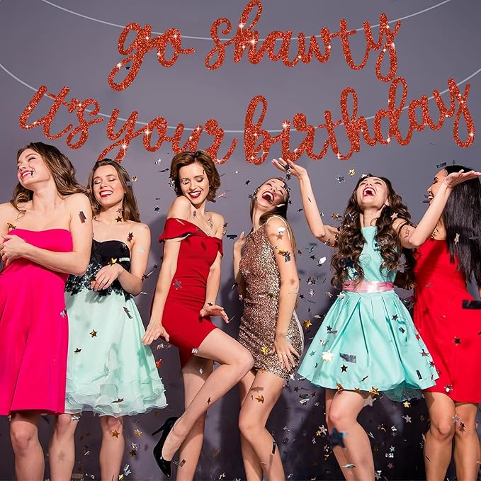 BEISHIDA Go Shawty It's Your Birthday Banner NO DIY Hip Hop Theme Happy Birthday Banner Pre-Strung Rap Theme Happy Birthday Sign for Man Women birthday Party Supply Glitter Red