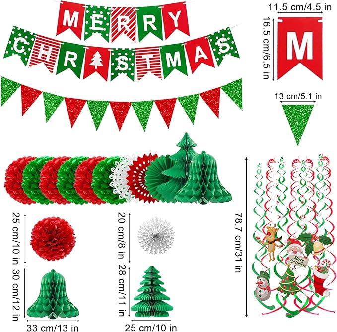 Fecedy MERRY CHRISTMAS Hanging Paper Banner Pom poms Paper flower Fan Swirl Streamers&Christmas tree Santa Claus Banner For Merry Christmas Party Decorations