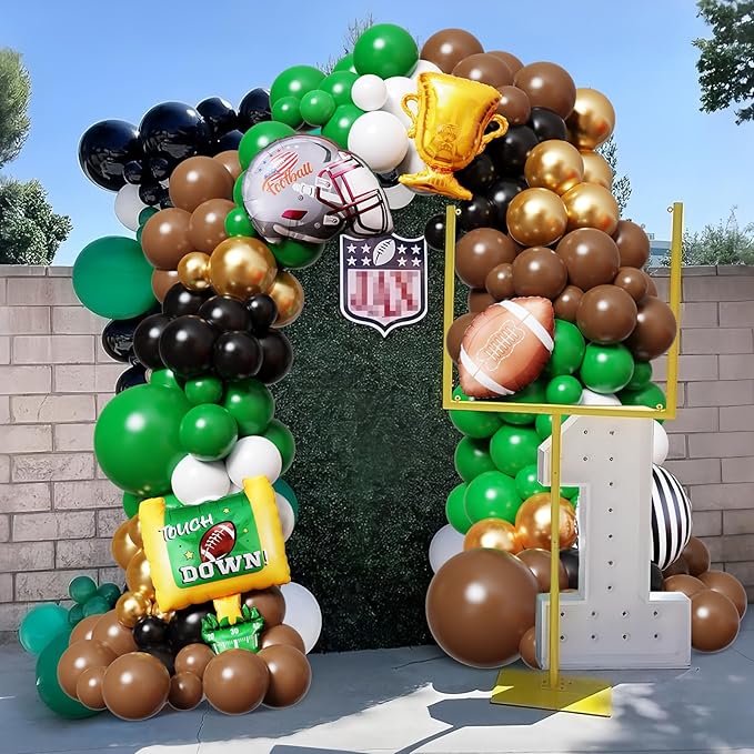 Football Balloon Arch Kit,135Pcs Green Brown Black Balloon Garland with Football,Helmet,Field Goal Post,Trophy Foil Balloons for Sports Rugby Birthday Big Game Touch Down Tailgate Party Decoration
