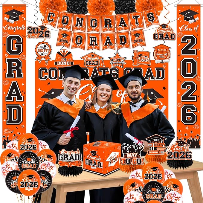 Graduation Decorations 2026 Orange Party Decor Set with Congrats Grad Banner, Class of 2026 Backdrop, Balloons, Box & Streamers Supplies for High School & College Celebrations