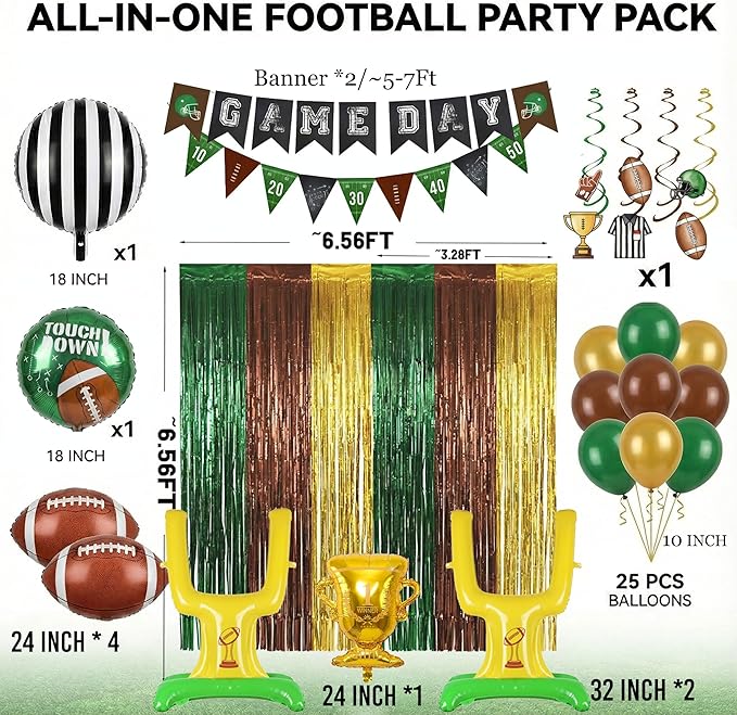 Football Balloons dark green brown Balloons with Banner Hanging Swirl Fringe Curtain Goal Post Football Balloons for Sports Birthday Boys first year touch down party decorations