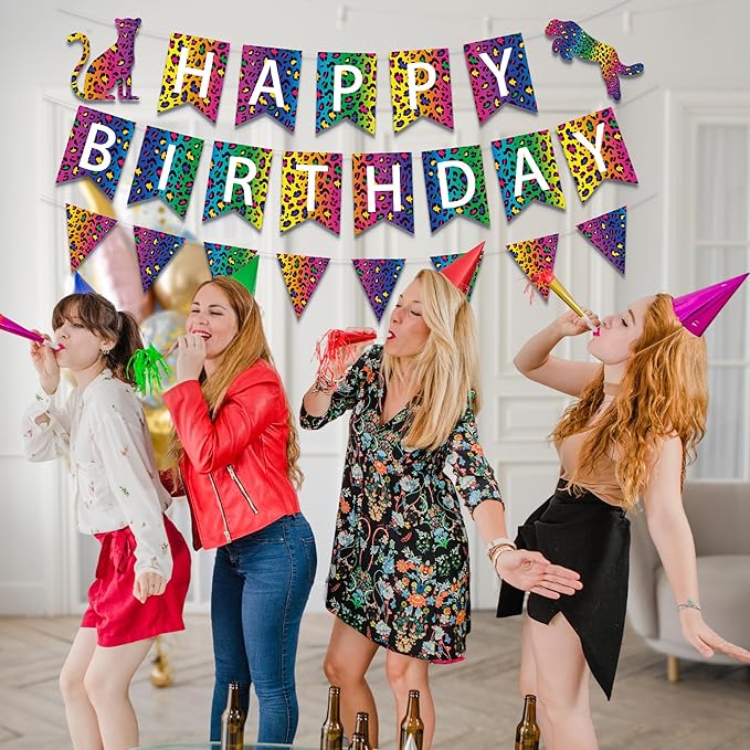 Cheetah Print Birthday Decorations, Colorful Cheetah Happy Birthday Banner Leopard Print Birthday Decorations for Girls Women, Rainbow
