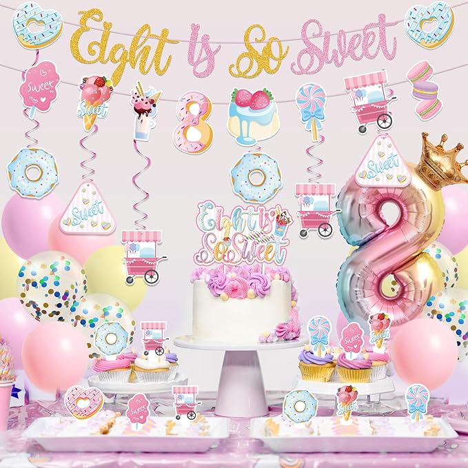 Sweet Sassy And Eight Birthday Decorations- 8th Birthday Decorations For Girls With Donut Banner Sweet Cake Topper 8th Foil Balloon For 8th Donut Themed Party Decor Sweet Eight Party Supplies