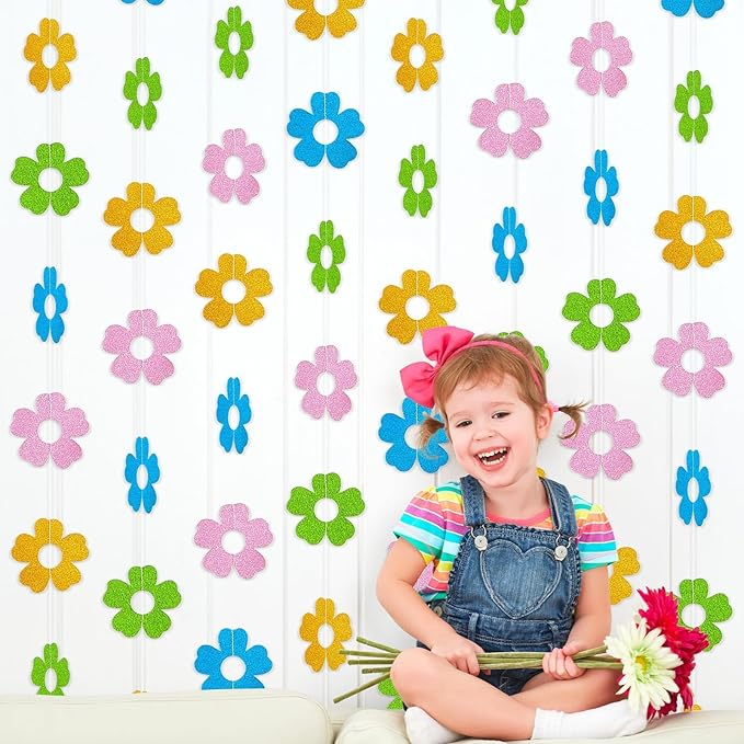 12 Pack Spring Floral Glitter Garland Hanging Banners Colorful Flowers Double Side Twinkle Garlands Decor Party Supplies for Spring Easter Home Classroom Wedding Mantel Fireplace Wall Party Favors