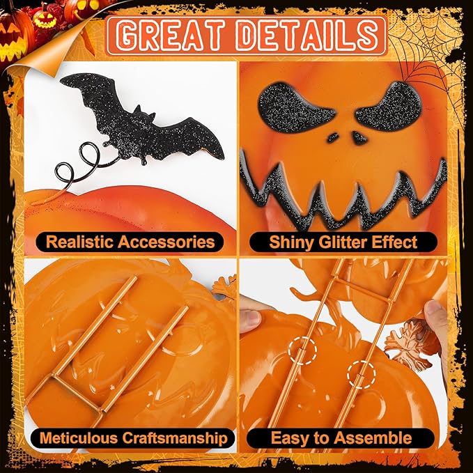 Halloween Garden Stakes, Stacked Metal Pumpkins Jack-o-Lantern Lawn Decor with Witch Hat, Shimmering Halloween Yard Signs Stake Decorative Pumpkin Stake for Outdoor Patio Pathway Home Decorations (A)