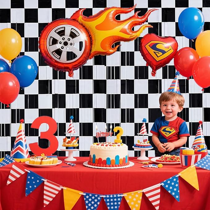 Race Car Foil Curtains 3.28x6.56ft - Vibrant Checkered Decor for Race Car Birthday Party Decorations & One Happy Dude Birthday Celebrations! - 2 Packs