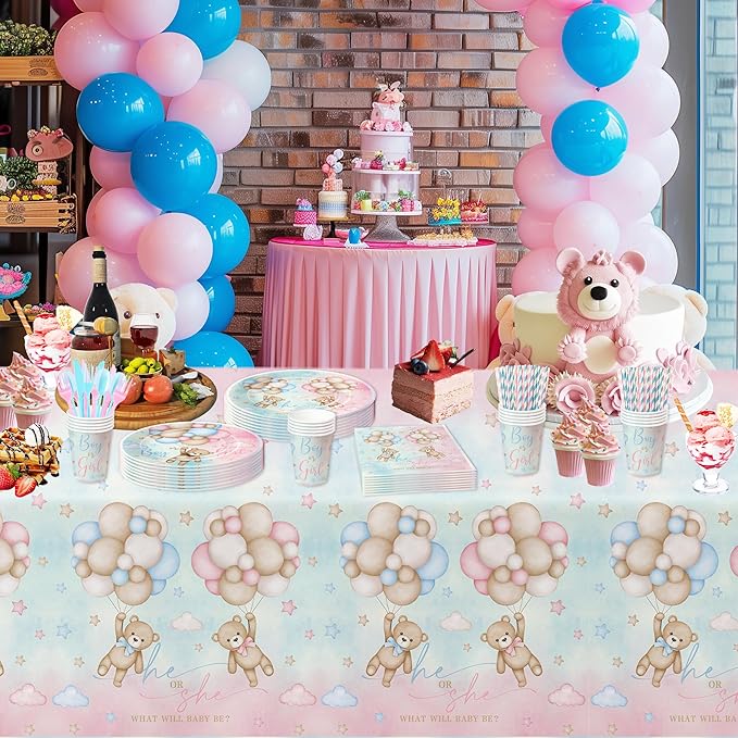 Bear Gender Reveal Decorations Party Tableware - Bear Boy Or Girl Gender Reveal Supplies, Paper Plate, Cup, Napkin, Tablecloth, Cutlery, He Or She Table Decorations | Serves 24