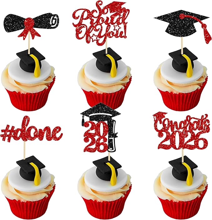 Gyufise 24Pcs 2026 Graduation Cupcake Toppers Glitter Congrats Class of 2026 Diploma Done Grad Cap So Proud of You Cupcake Picks So Proud of you Cake Decoratiosn Red