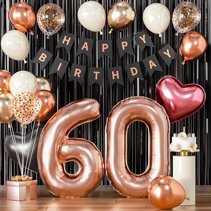 60th Birthday Decorations for Women - Rose Gold, Black and Hot Pink Party Supplies Set with Happy 60th Banner, Number 60 Balloons and Foil Fringe Curtains - 60 Year Old Celebration Kit