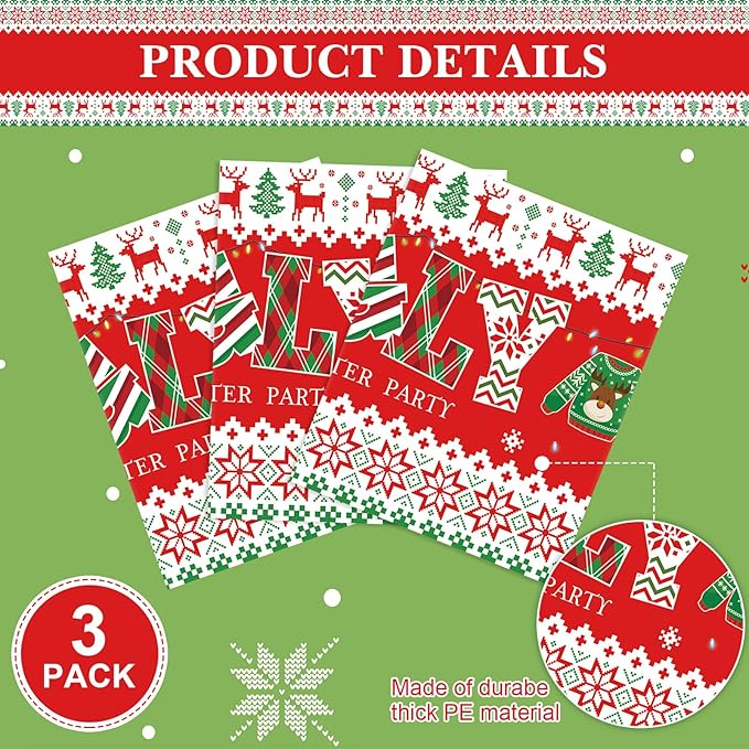 3 Pack Christmas Ugly Sweater Tablecloths Decoration Plastic Sweater Xmas Party Table Covers Merry Christmas Ugly Clothes Party Supplies for Xmas Winter Holiday Birthday Party Decor, 54 x 108 Inch