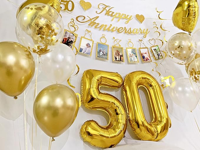 50th Anniversary Decorations Party Supplies Set of Happy Anniversary Photo Banner and Balloons,Hanging Swirls for 50 year Wedding decor(Gold)