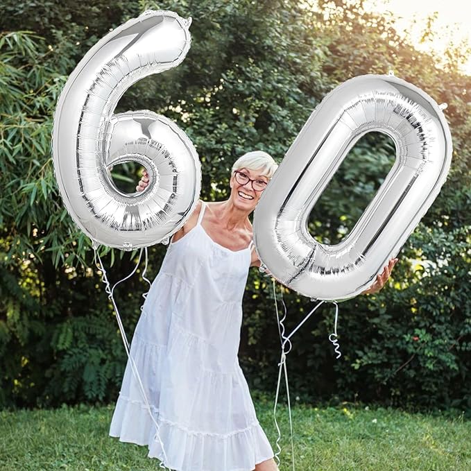 Number Balloons Silver Party Balloon - Giant Number 60 Balloon, 40 Inch Large Balloon for 60th Birthday Decorations, Silver Party Supplies for Anniversary