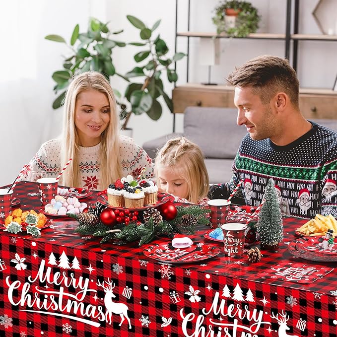 194 Pcs Christmas Buffalo Plaid Party Supplies Red Black Buffalo Plaid Plates Set Christmas Disposable Tableware and Tablecloth Party Set for Xmas Holiday Party Home Dinner Supply, Serves 24