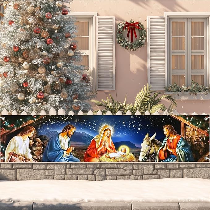 Nativity Scene Banner 79x18 Inches Christmas Fence Banner Holy Night Yard Display Jesus Birth Manger Scene Backdrop Christian Outdoor Decorations Holiday Sign