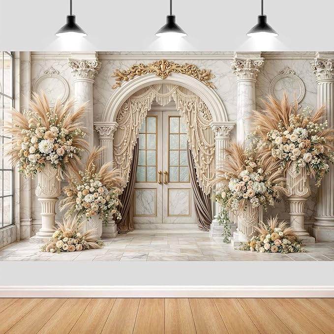 8X6ft European Retro Palace Backdrop Elegant Boho Flowers Photography Background Luxurious Dreamlike Wedding Bridal Shower Party Decoration Supplies Cake Table Photo Booth Studio Props