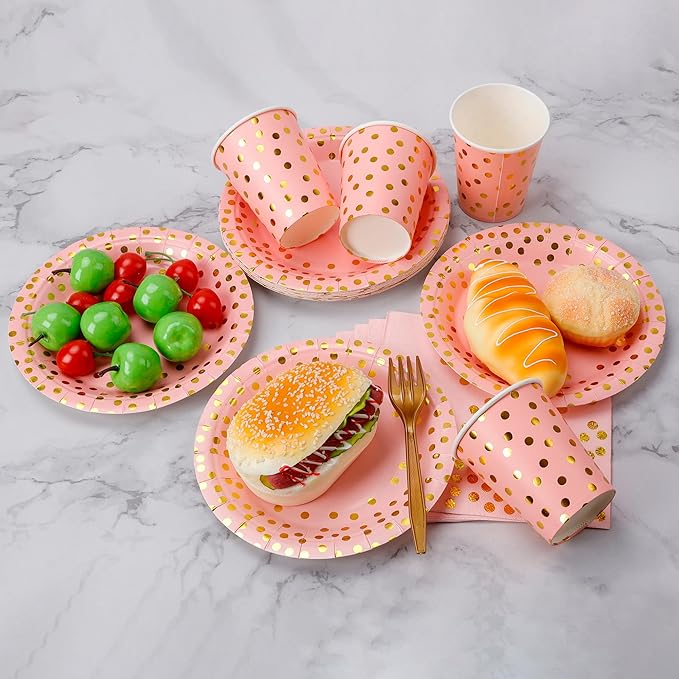 160 Pcs Pink And Gold Paper Plates(7 inches), Birthday Cake Party Plates And Napkins, Wedding Disposable Utensils Serves 40 (Pink)