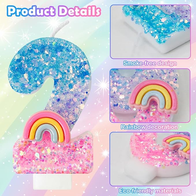 Rainbow Birthday Number Candles, Number 2 Candles, Cupcake Decorations, Macaron Birthday Cake Decorations, Cartoon Theme Party Supplies (Number 2)