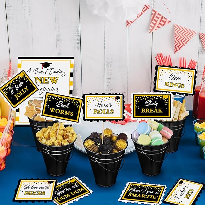 12 Set 2026 Graduation Candy Buffet Party Decoration Graduation Table Candy Bar Snack Labels Signs and 5'' Buckets with Handle for Class of 2026 Party Parties Supplies(Plaid Border Style,Black)