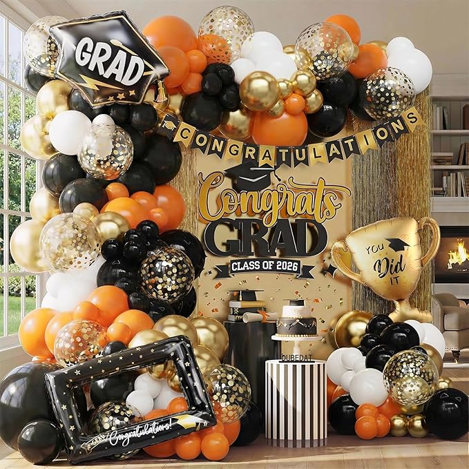 Orange Black White Balloon Arch Kit 163Pcs with Gold Confetti Balloon for Orange and Black Birthday Party Decorations Graduation Party Birthday Party