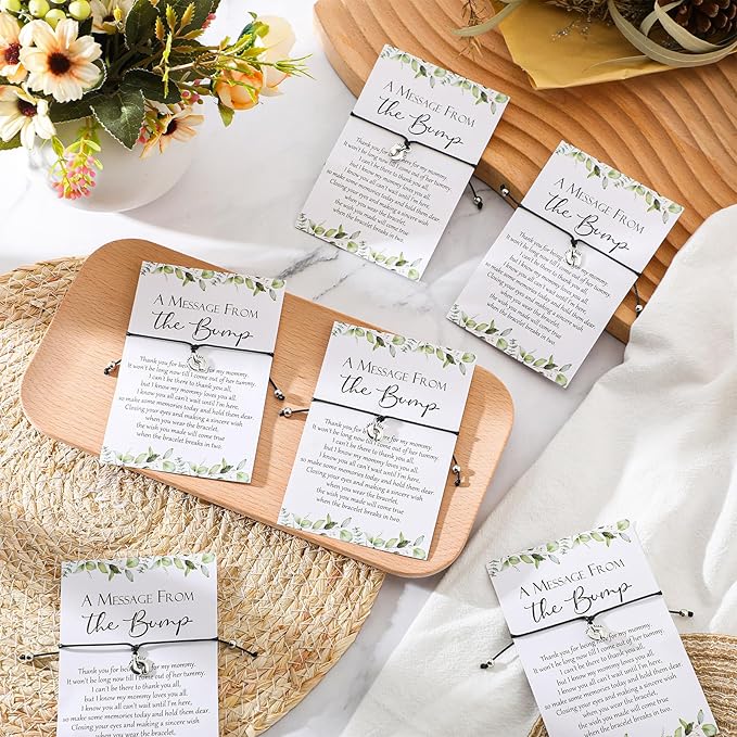 Thyle 25 Set Leaf Baby Shower Favors for Guests Adjustable Bracelets with Message from the Bump Card Footprints Charm Baby Shower Bracelets for Gender Reveal Thank You Gifts
