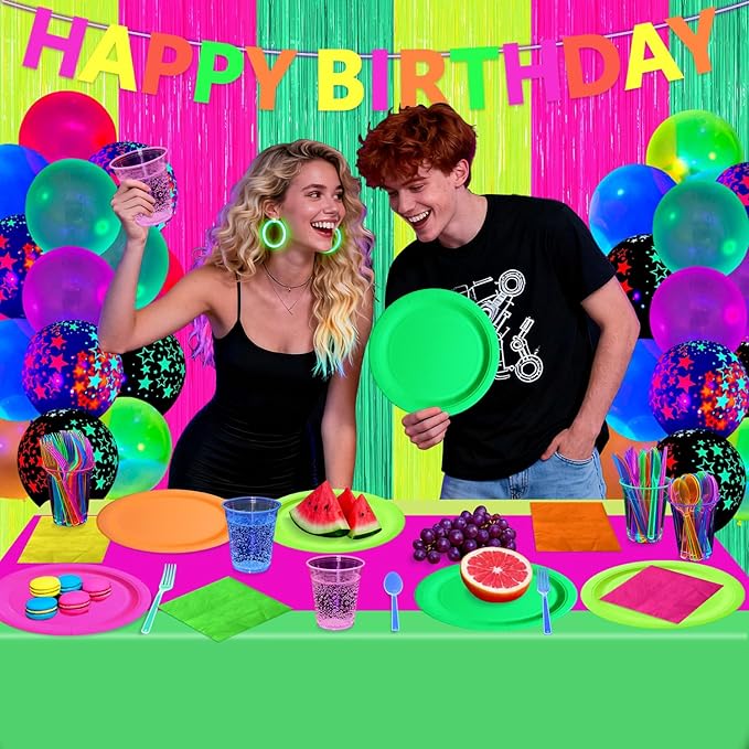 223 PCS Glow in the Dark Party Supplies, Including Colorful Plates Napkins Tablecloth Happy Birthday Banner and Dinnerware with UV Black Light Reactive for Neon Themed Birthday Party, Serves 20