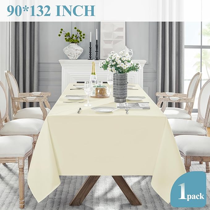 VidaFete 1 Pack Tablecloth 90 * 132inch Rectangle Table Cloth Polyester, Stain Wrinkle Resistant Polyester Dining Table Cover for Kitchen Dinning Party Wedding Tabletop Buffet Decoration(Ivory)