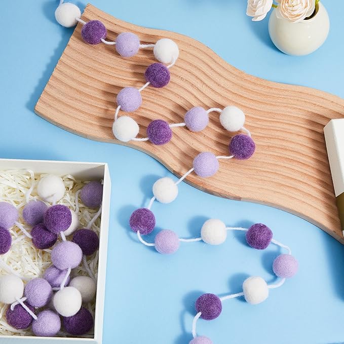 Boao 2 Pieces Wool Felt Ball Garland Colorful Pom Pom Garland Handmade 6.5 Feet Long 24 Balls Felt Banner for Wall Christmas Tree Decoration (Purple,White)