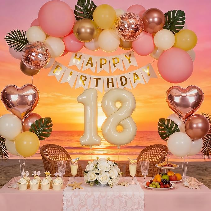 18th Birthday Decorations for Girl, Retro Sand White and Cream Balloon Garland Kit, Cream Number 18 Balloon, Pink Happy 18th Banner, 18 Year Old Party Supplies