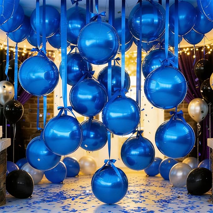 Biapian 12Pcs Dark Blue Round Foil Balloons, 22" 18" 15" 10" 4D Round Ball Shaped Balloon, Big Blue Metallic Balloons for Birthday Party Baby Shower Graduation New Year Eve Disco Decorations Supplies