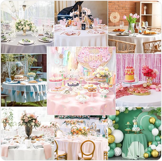 Mulbozy 2 Pcs Pink Gingham Round Tablecloth, 84 inches Disposable Plastic Pink and White Checkered Circle Table Covers for Baby Shower Wedding Bridal Shower Birthday Party Decorations