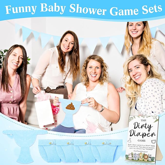 Roowest 51 Pcs Dirty Diaper Baby Shower Games Funny Wooden Sign with 50 Pcs Mini Diapers Cute Felt for Gender Reveal Party Baby Shower(Animals Blue)
