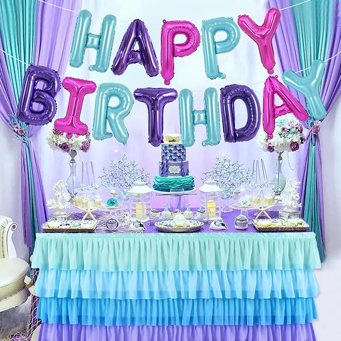 TONIFUL Happy Birthday Balloons Banner with Ribbon Straw,16 Inch Mylar Letters Birthday Sign Banner Balloon Bunting Reusable for Girls Kids & Adults Birthday Halloween Supplies（Blue Purple Pink）