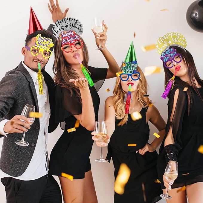 Openfly 36Pcs New Years Eve Party Supplies 2026 Happy New Year Hats Headband Tiara Noise Makers Paper Glasses Party Favors