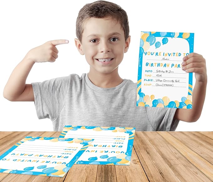 36 Kids Childrens Birthday Party Invitations with Folding Envelope Design and Holographic Stickers (Blue)