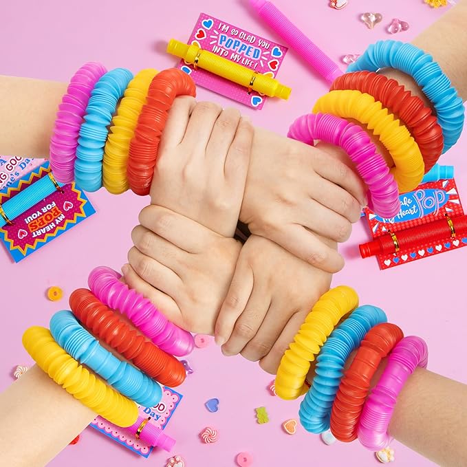 JOYIN 28 Packs Valentines Cards with Pop Tubes for Kids, Pop Tubes with Gift Cards Set, Stretchy Stress Relief Fidget Toys for Kids Classroom Valentine's Day Party Favors Classroom Gifts