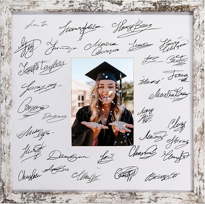 GraduatePro 14x14 Signature Picture Frame Board for 5x7 Photo with Signable Mat for Birthday Baptism Party Graduation Wedding Guest Book Rustic White