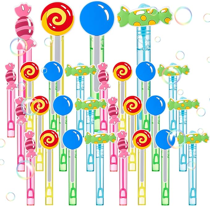 Leyndo 24 Pcs Candy Bubbles Wands Bulk Candy Themed Party Favors Mini Wands Lollipop Bubbles for Candy Party Favor Game Toys for Gift Bag Stuffers