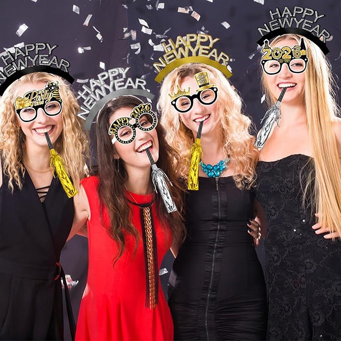 Openfly 36Pcs New Years Eve Party Supplies 2026 Happy New Year Hats Headband Tiara Noise Makers Paper Glasses Party Favors