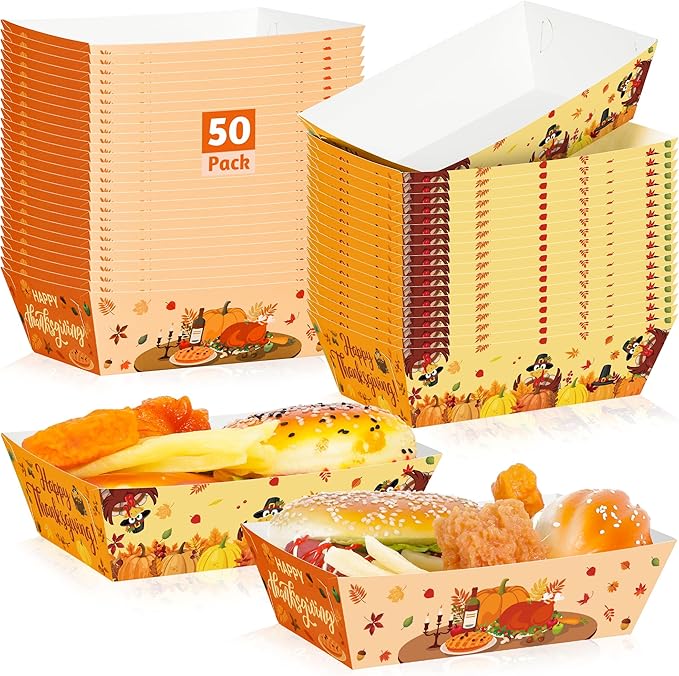 50Pcs Thanksgiving Food Trays, 5.94" x 3.34" x 2.16" Thanksgiving Party Supplies Disposable Fall Boats, Pumpkin Turkey Paper Serving Tray, Food Boats for Snack Popcorn, Harvest Party Decorations