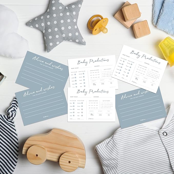Baby Predictions and Advice Cards, 5" x 7" Blue Baby Shower Predictions Cards, Daily Party Games & Activities Favors for Newparents - G06